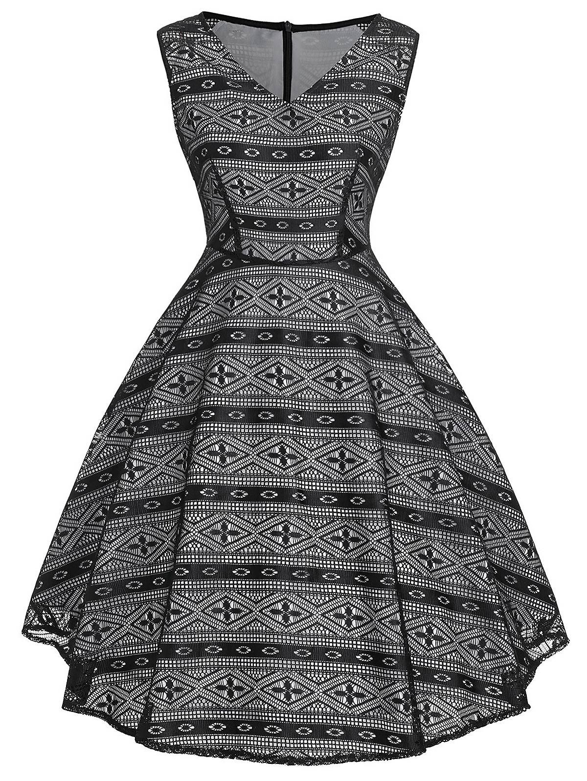 

Vintage Geometric Print Flare Dress, Black