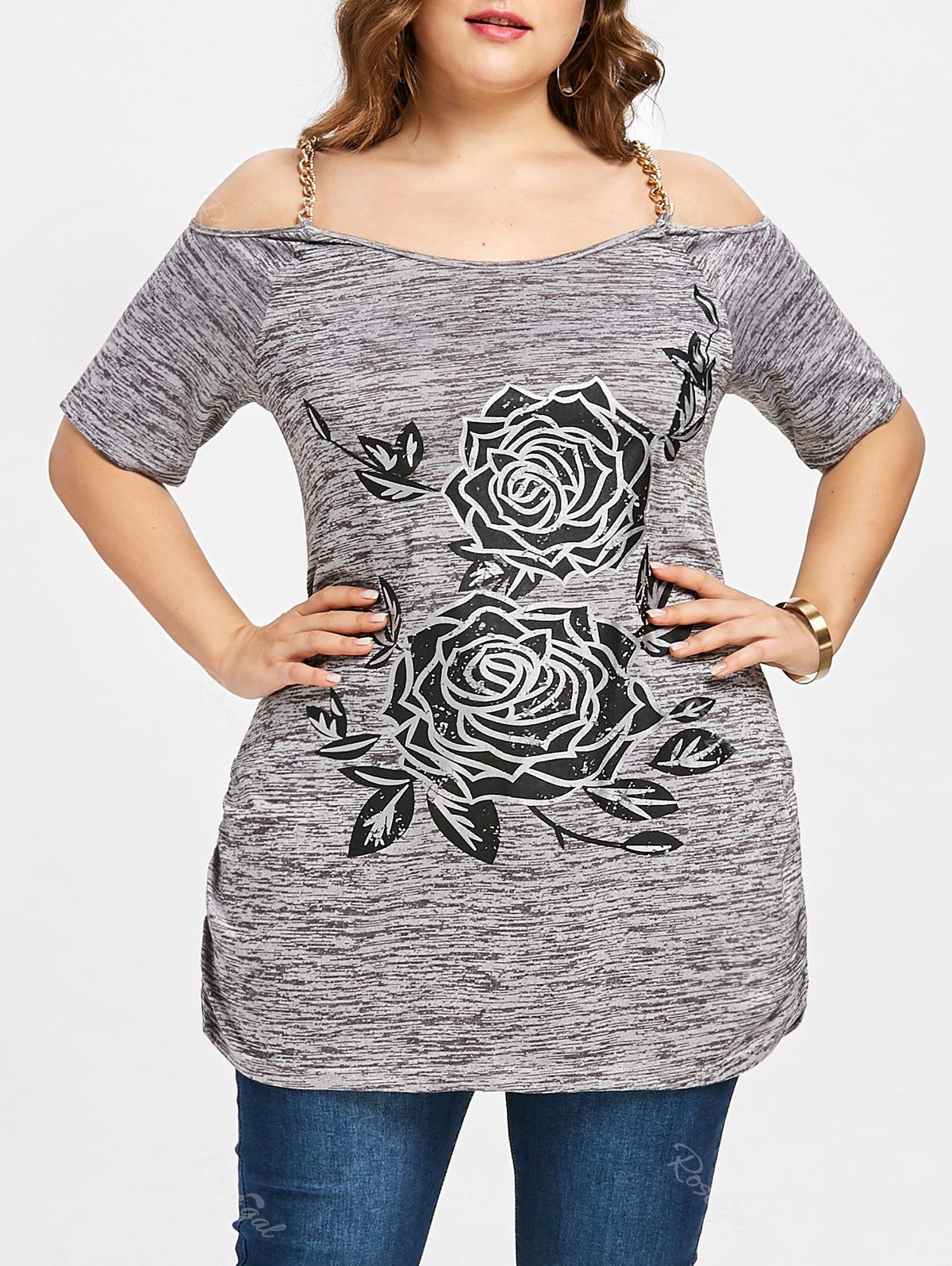 

Plus Size Chains Embellished Cold Shoulder T-shirt, Colormix