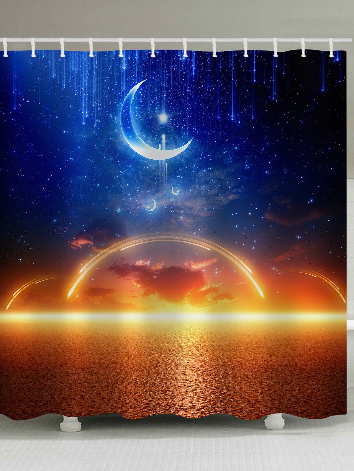 

Sea Level Sunset Glow Moon Starry Sky Printed Shower Curtain, Multi