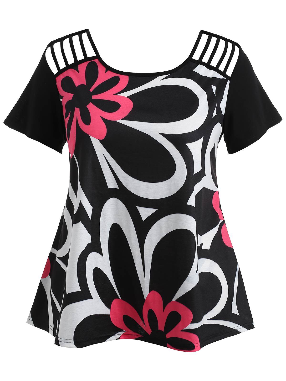 

Handpainted Floral Print Plus Size T-shirt, Black