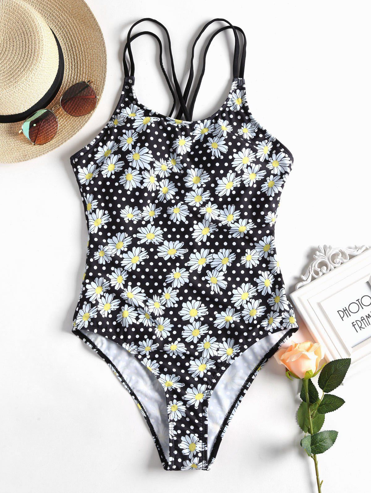 

High Cut Floral Polka Dot Swimsuit, Black