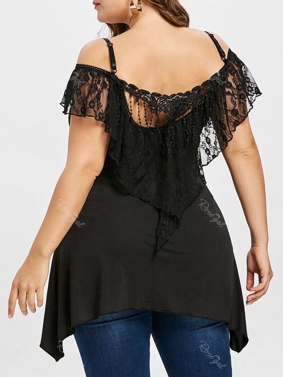 

Plus Size Lace Ruffle Cold Shoulder T-shirt, Black