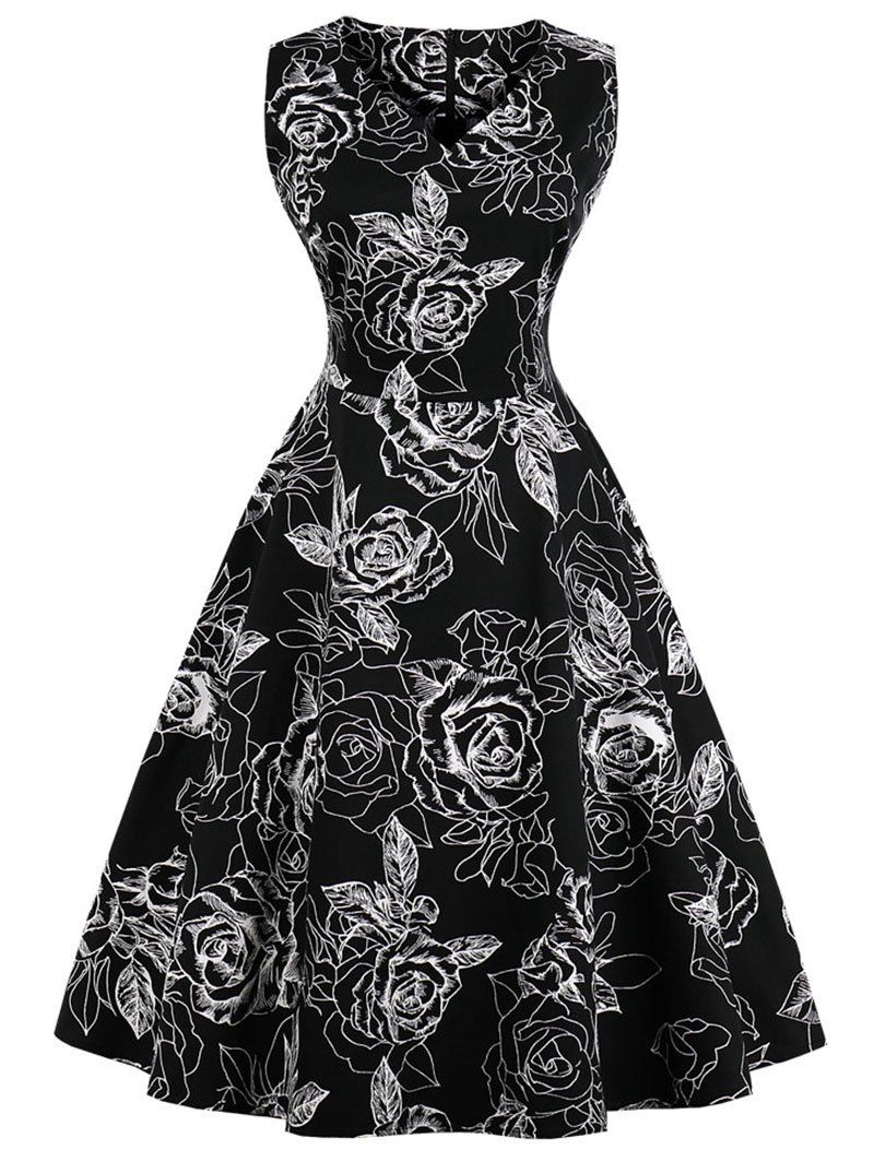 

Vintage Floral Print Party Skater Dress, Black