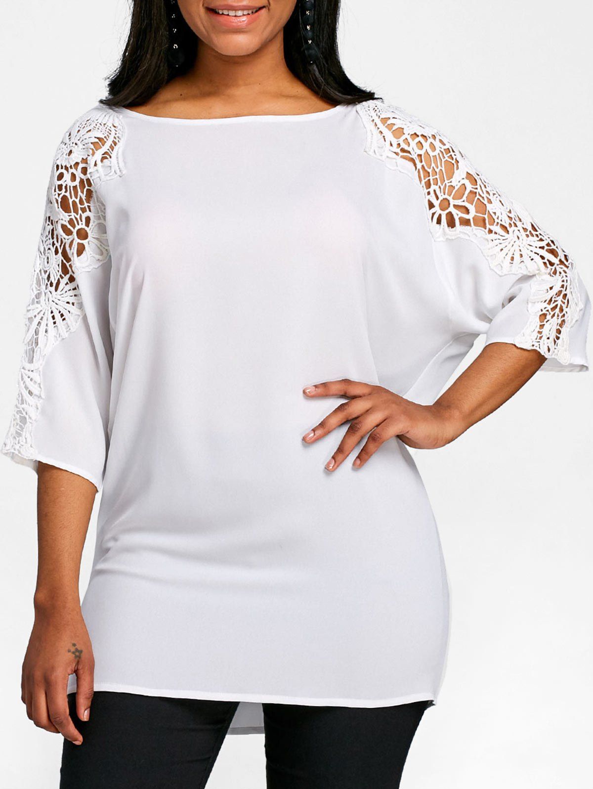 Lace Panel Batwing Sleeve Tunic T-shirt, White