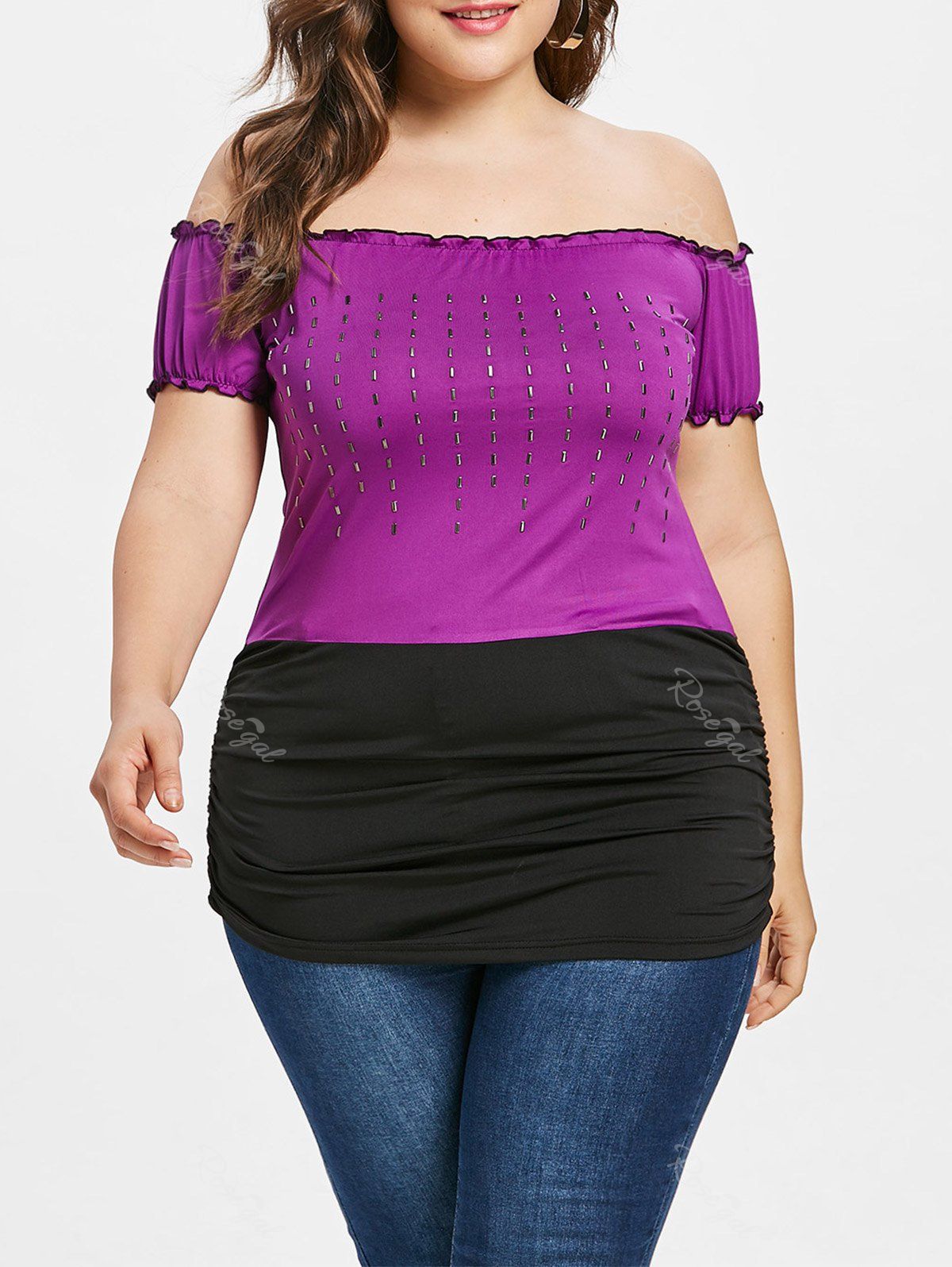 

Plus Size Off The Shoulder Embellished T-shirt, Purple