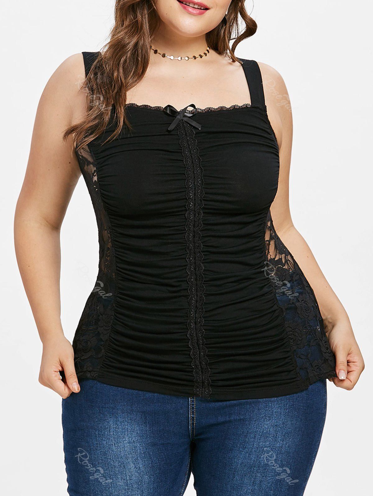 [34 Off] Plus Size Sheer Lace Trim Ruched Tank Top Rosegal