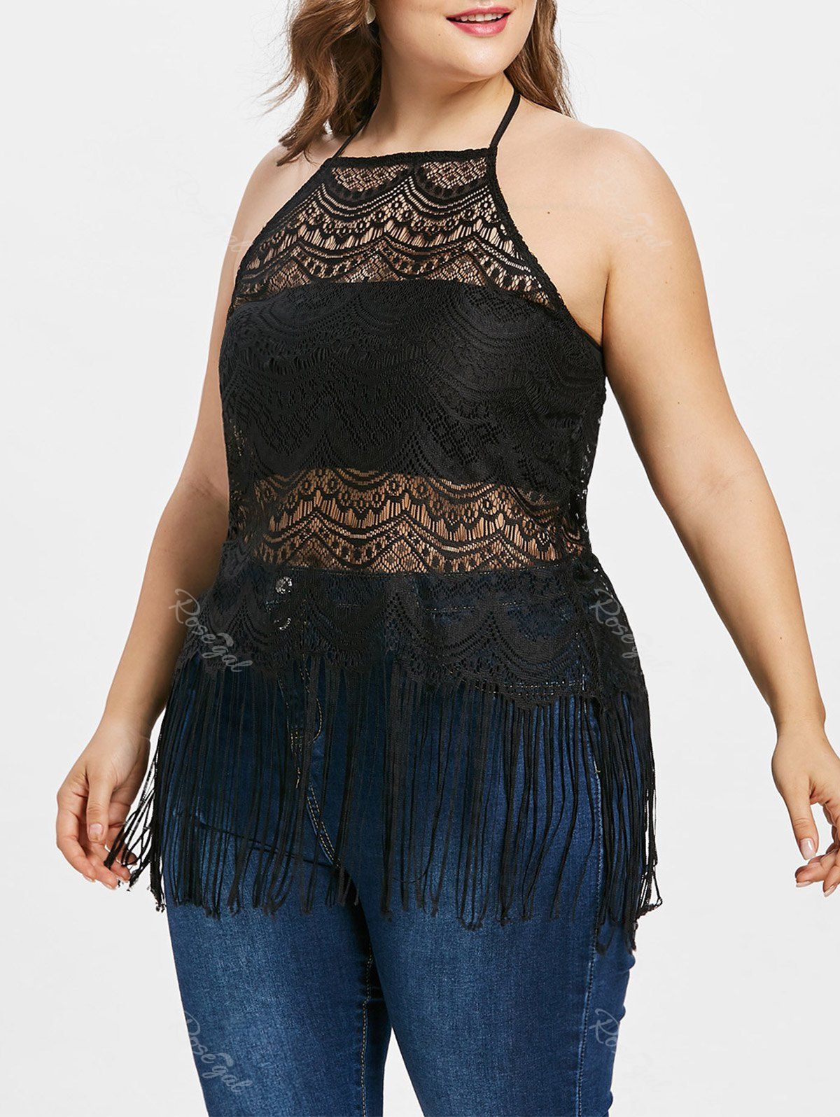 

Plus Size Fringed Lace Tank Top, Black