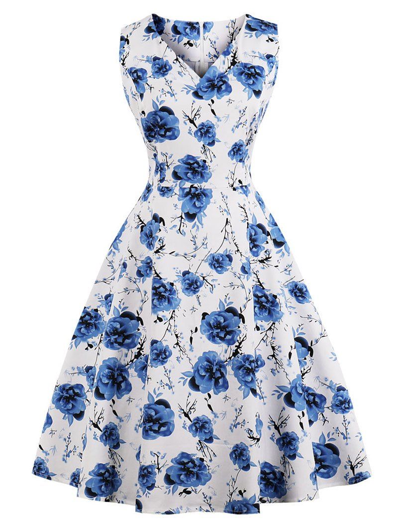 

Retro Floral Print Fit and Flare Dress, Sky blue
