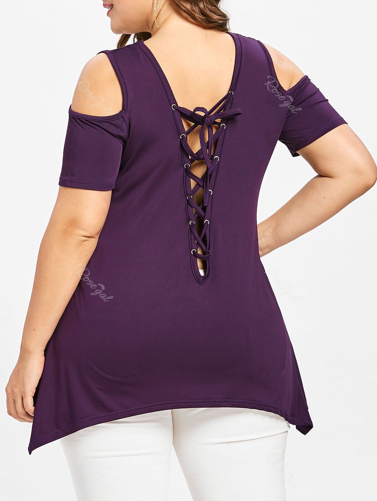 

Plus Size Lace Up Cold Shoulder T-shirt, Purple