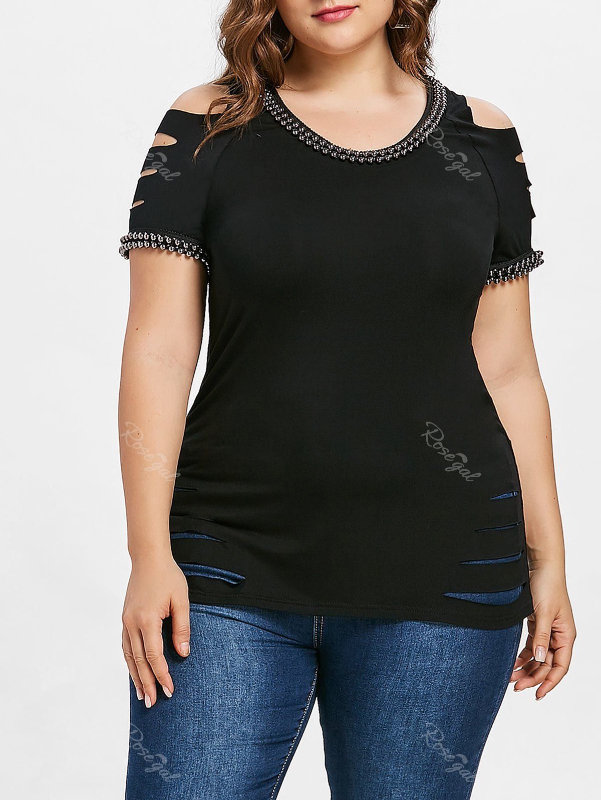 

Plus Size Beading Open Back T-shirt, Black
