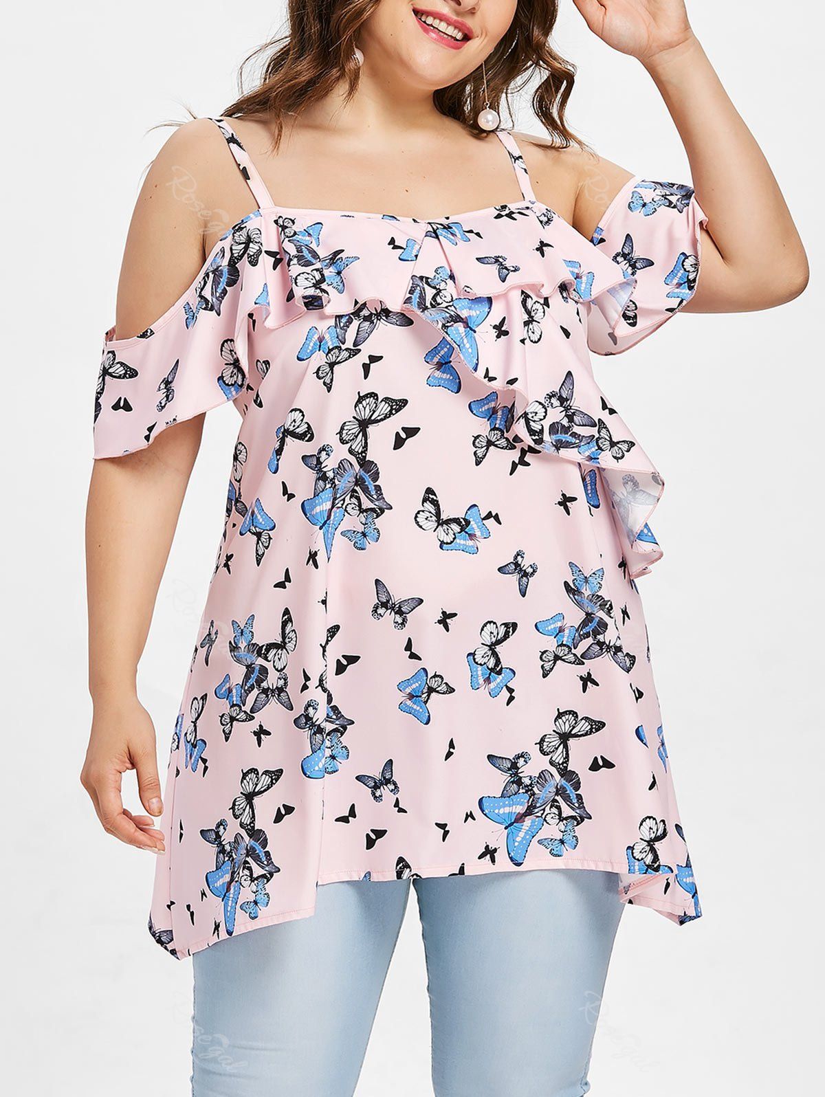 

Plus Size Butterfly Print Flounce Blouse, Pig pink