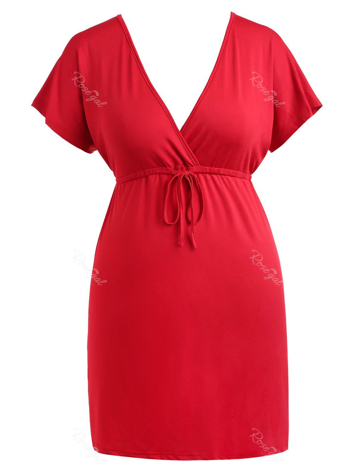 

Drawstring Waist Plus Size Plunge Mini Dress, Bright red