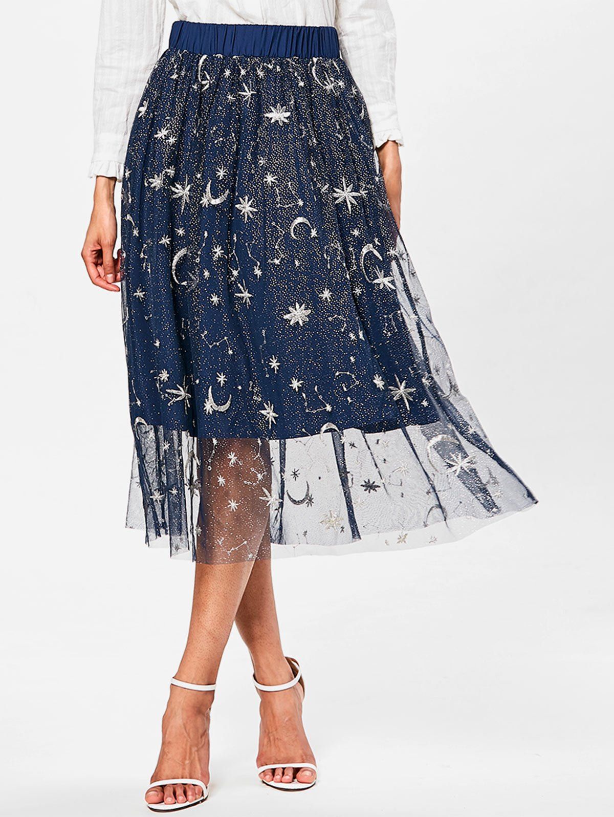 

High Waisted Galaxy Print A Line Skirt, Deep blue