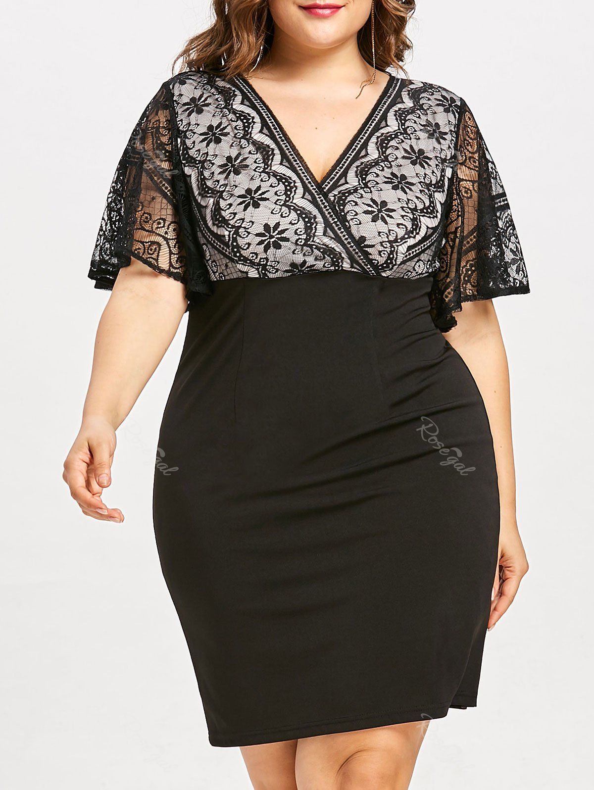 [32% OFF] Plus Size Lace Insert Fitted Work Dress | Rosegal