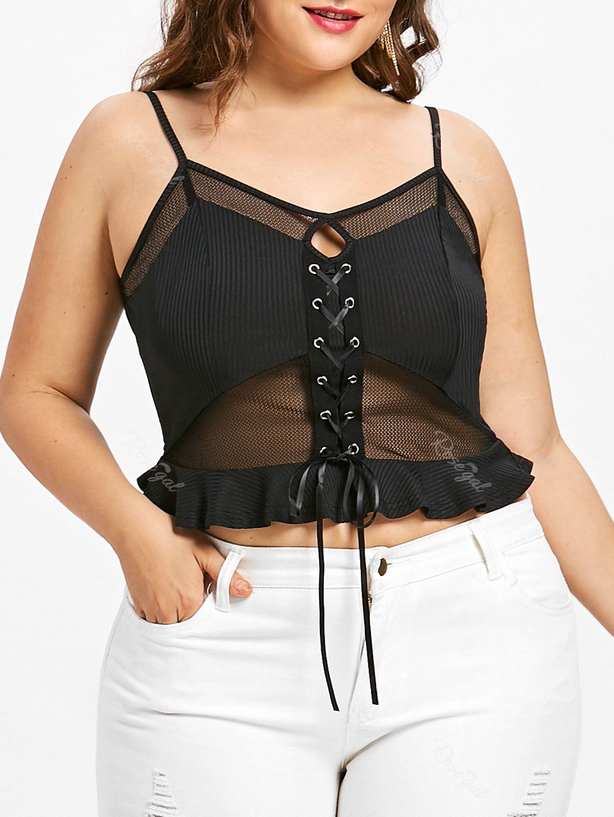 

Plus Size Keyhole Cut Lace Up Tank Top, Black