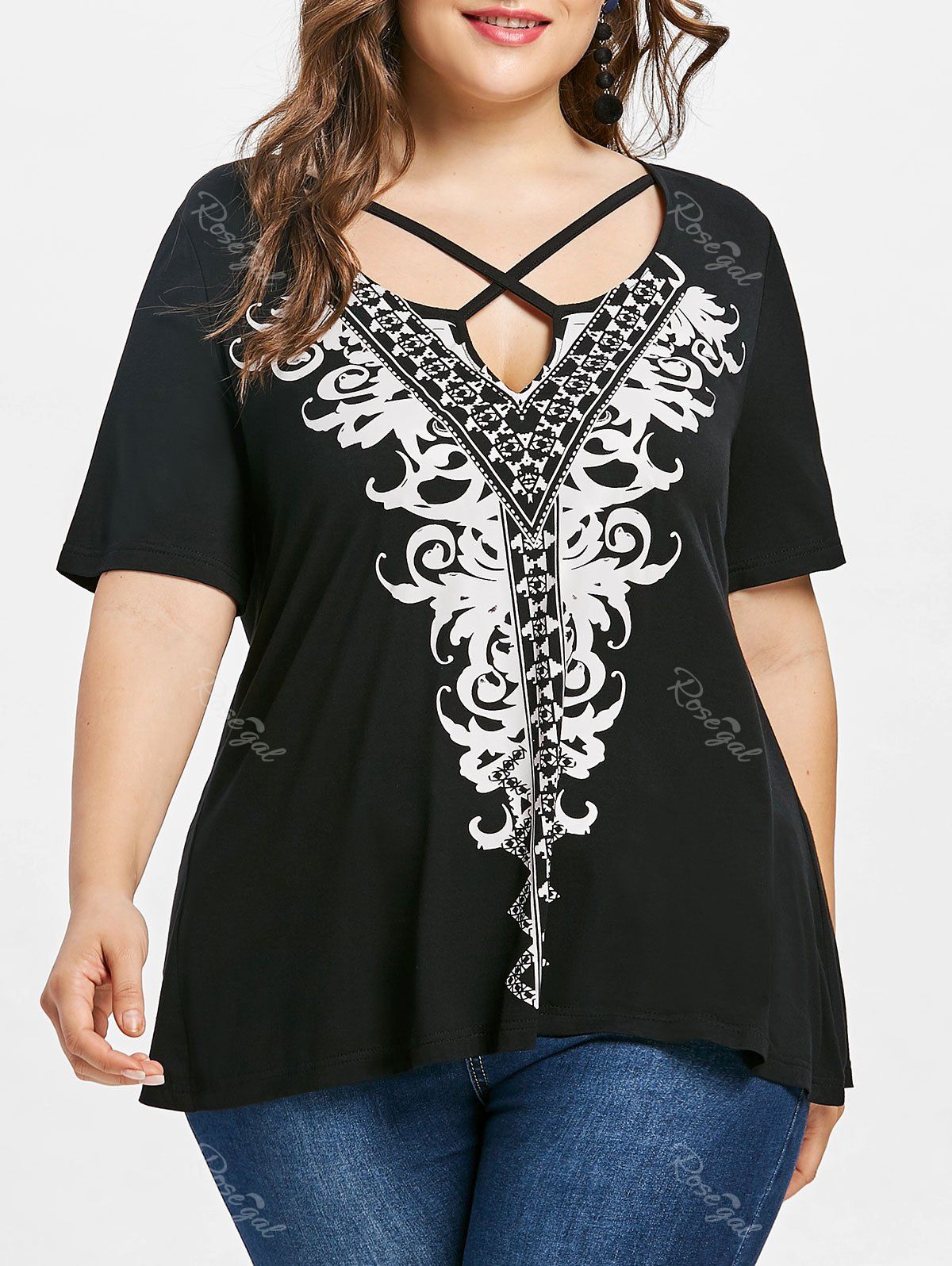 

Plus Size Printed Criss Cross Graphic Tee, Black