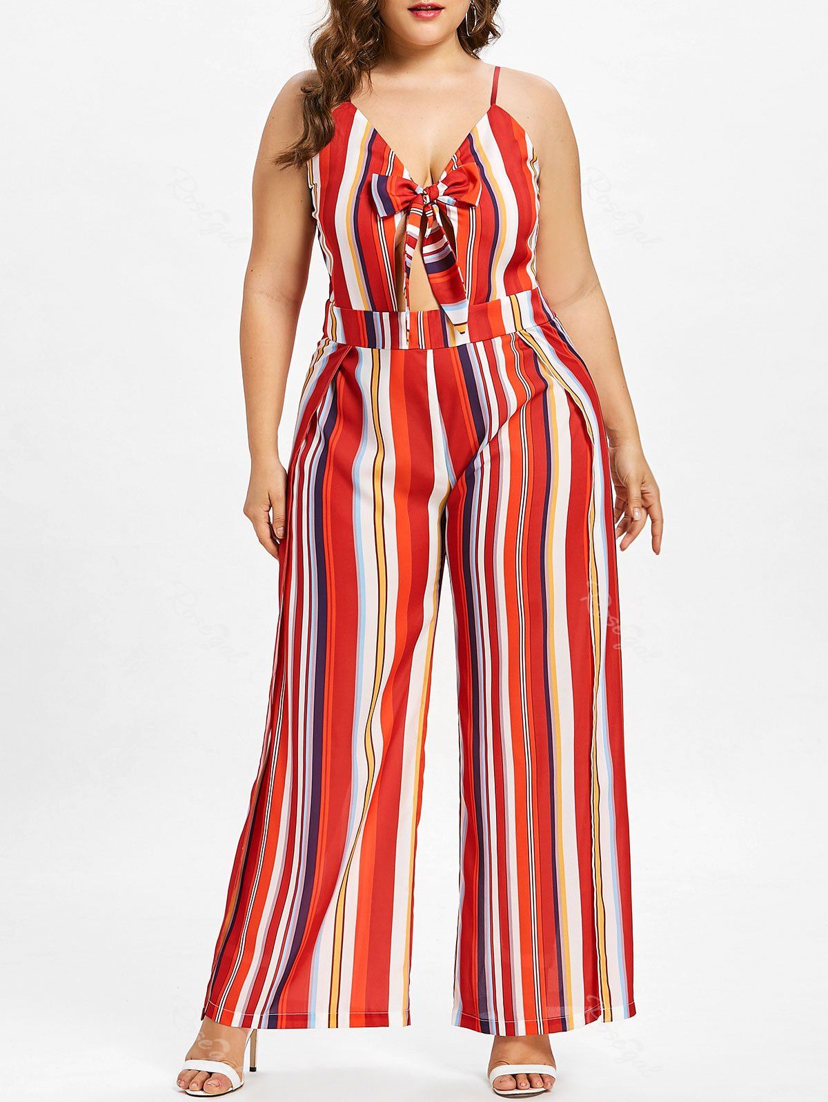 

Plus Size Striped Tie Front Jumpsuit, Fire engine red