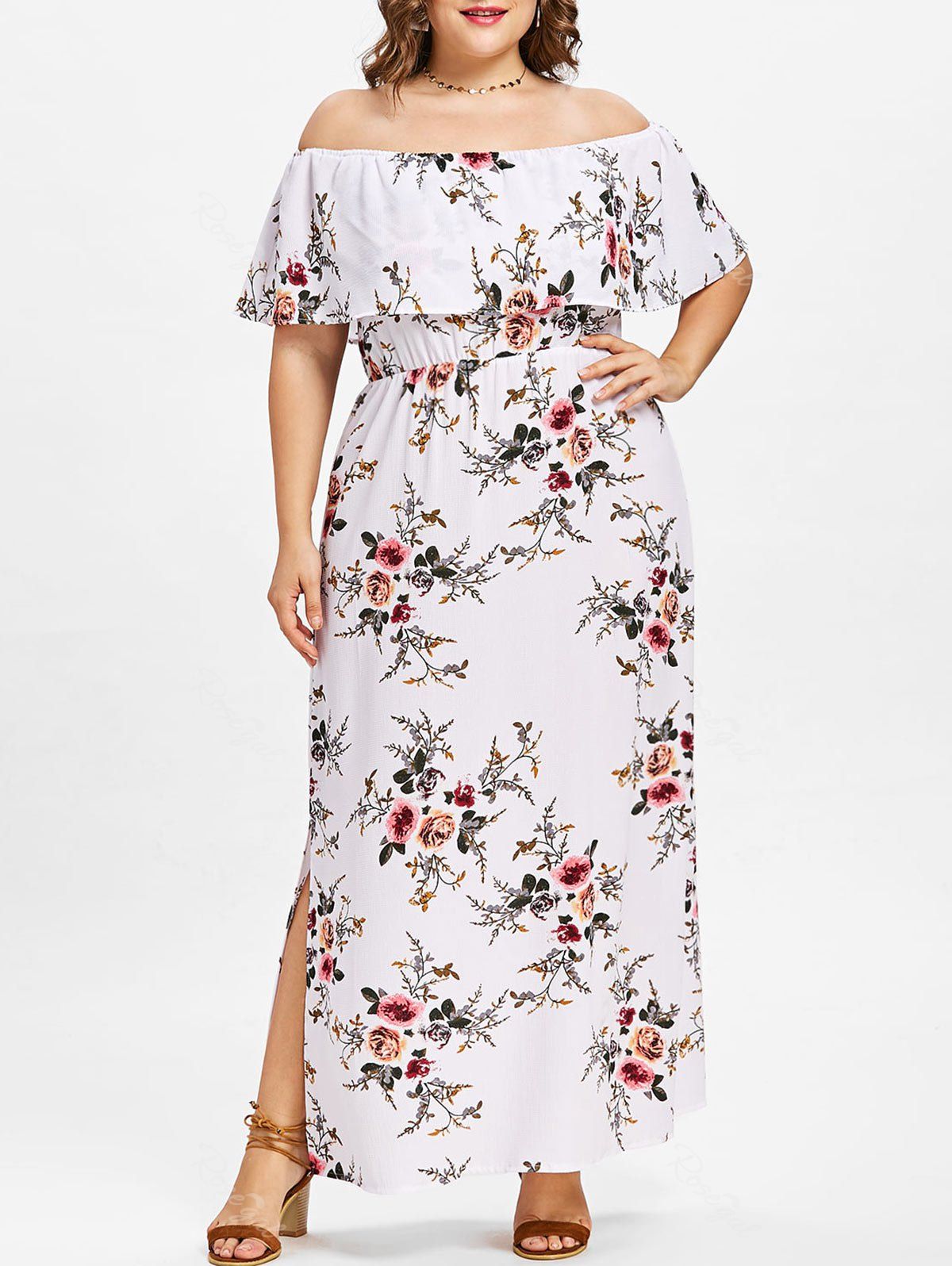 [32 OFF] Plus Size Floral Off Shoulder Dress Rosegal