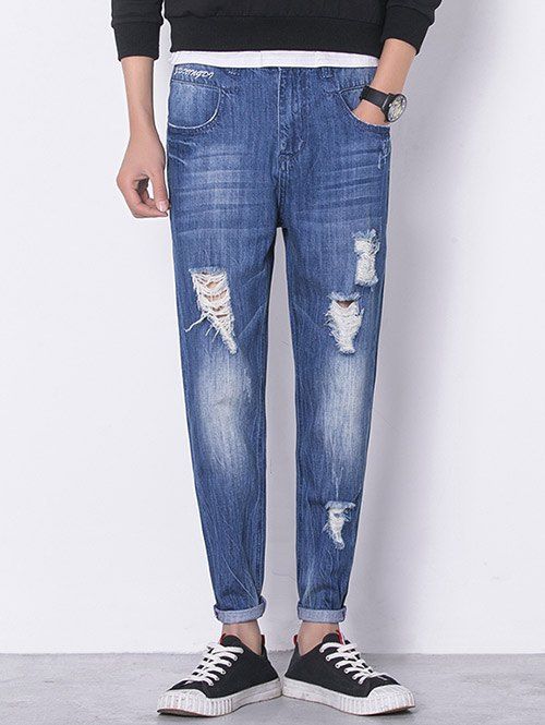 

Panel Bleached Broken Hole Zip Fly Jeans, Sapphire blue