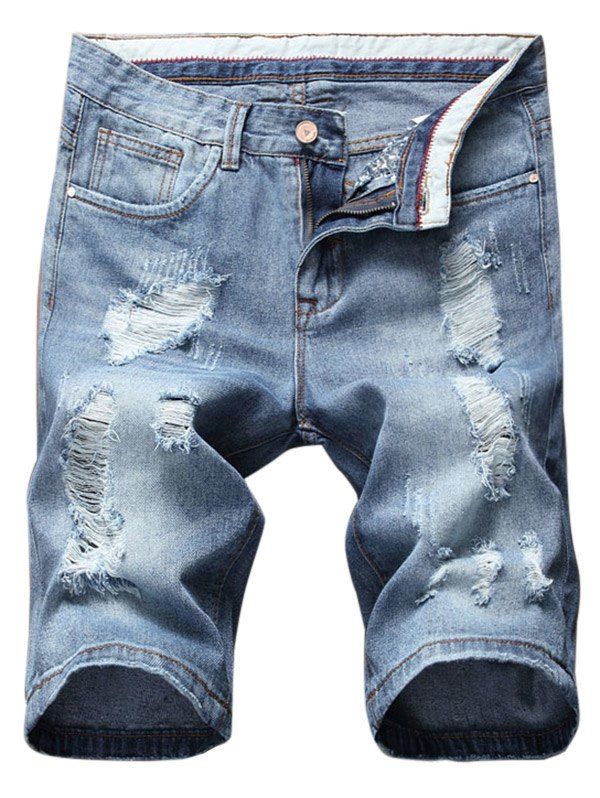 

Distressed Zip Fly Casual Denim Shorts, Light blue