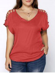 Plus Size V Neck Ripped Sleeve Tee -  