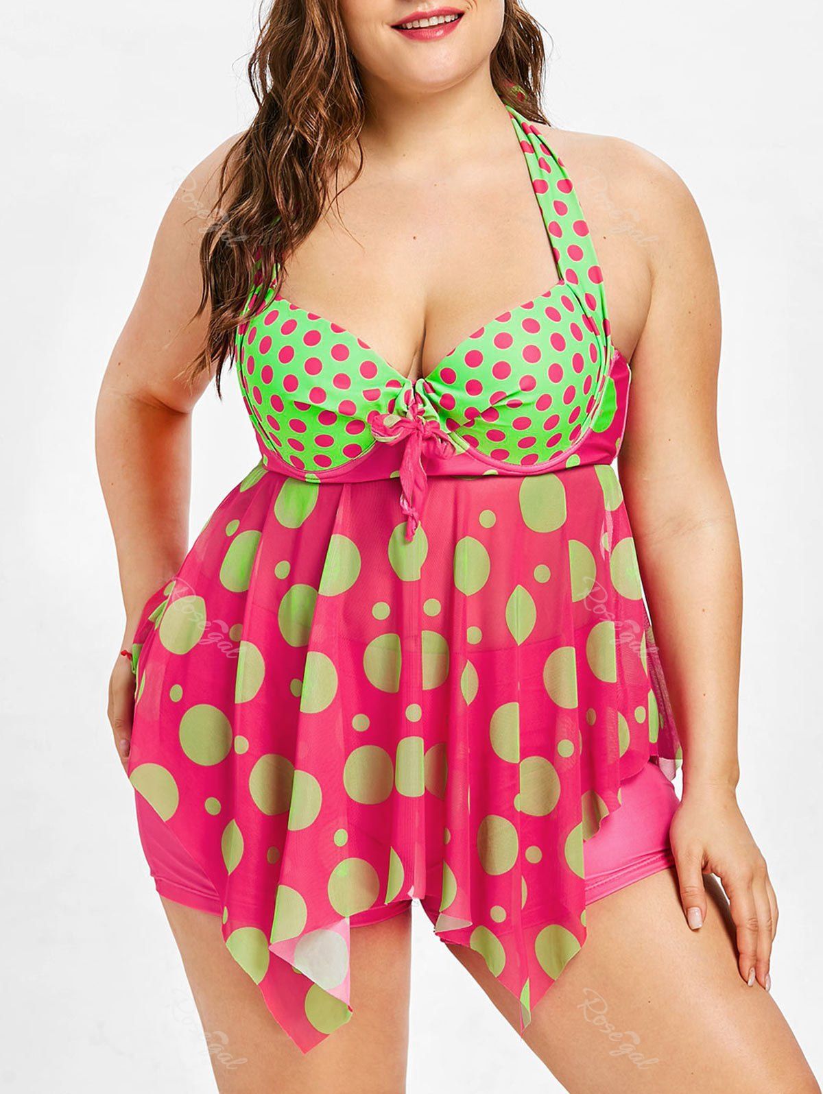 

Plus Size Polka Dot Mesh Insert Tankini Set, Rose red