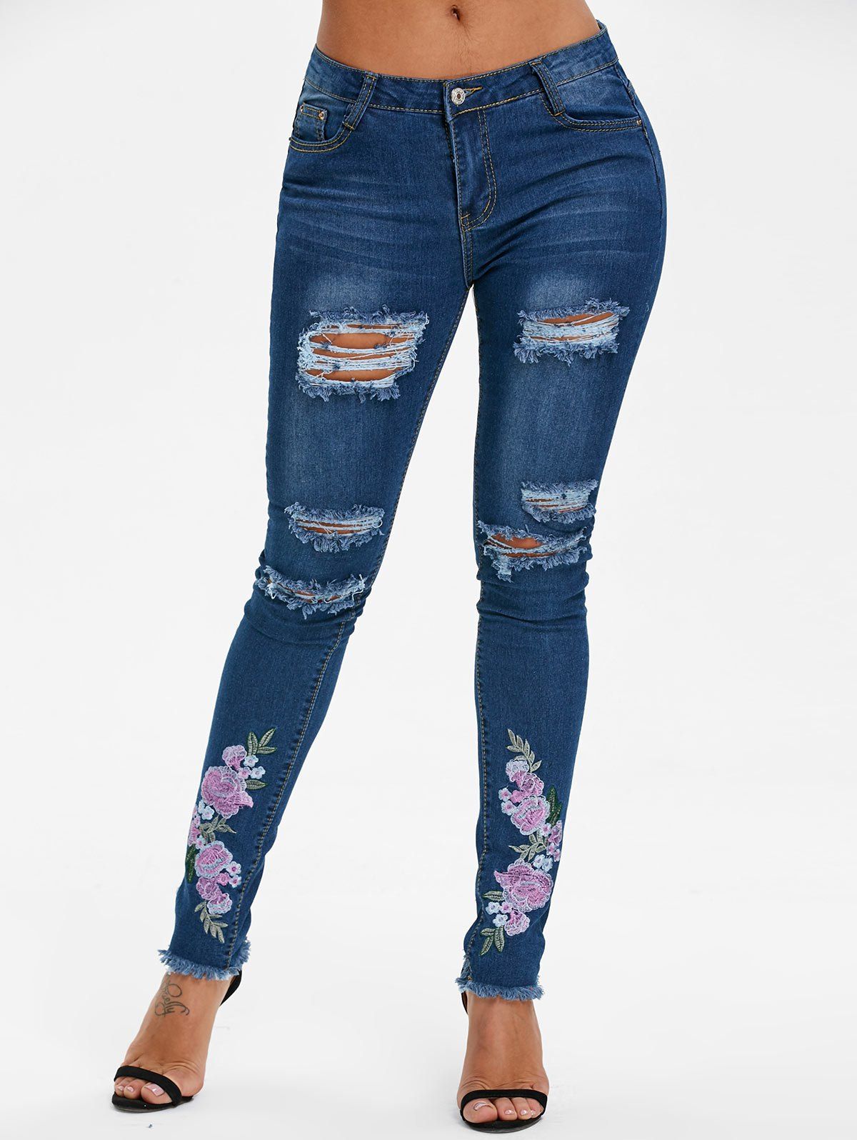 [32% OFF] Floral Embroidered Ripped Jeans | Rosegal