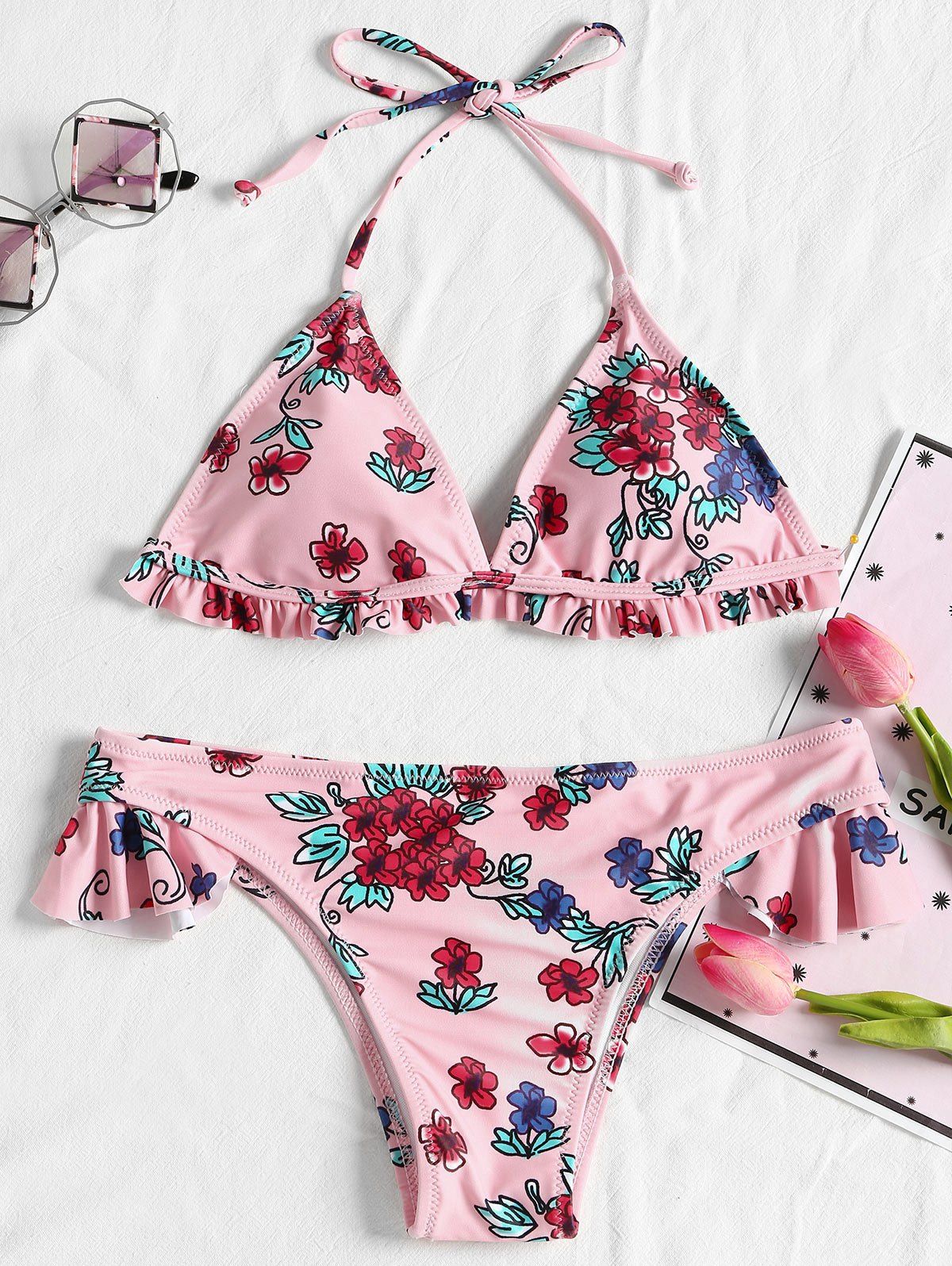 

Frilled Trim Floral Halter Bikini, Light pink