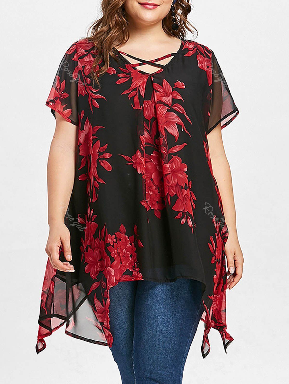 

Floral Print Plus Size Short Sleeve Blouse, Red