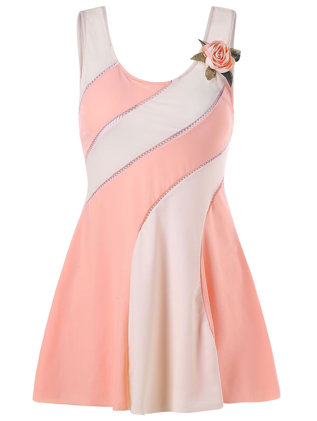 

One Piece Color Block Swimdress with Floral, White