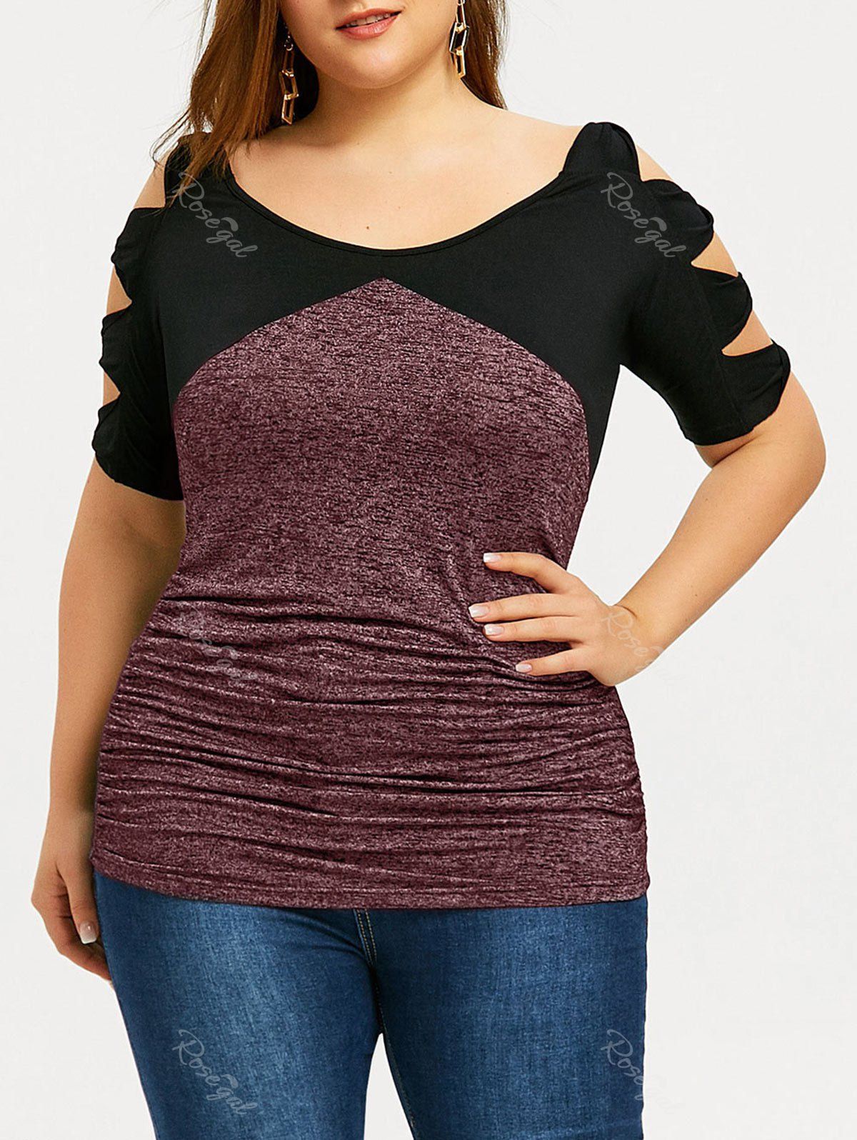 

Plus Size Two Tone Bow Ladder Sleeve T-shirt, Red wine