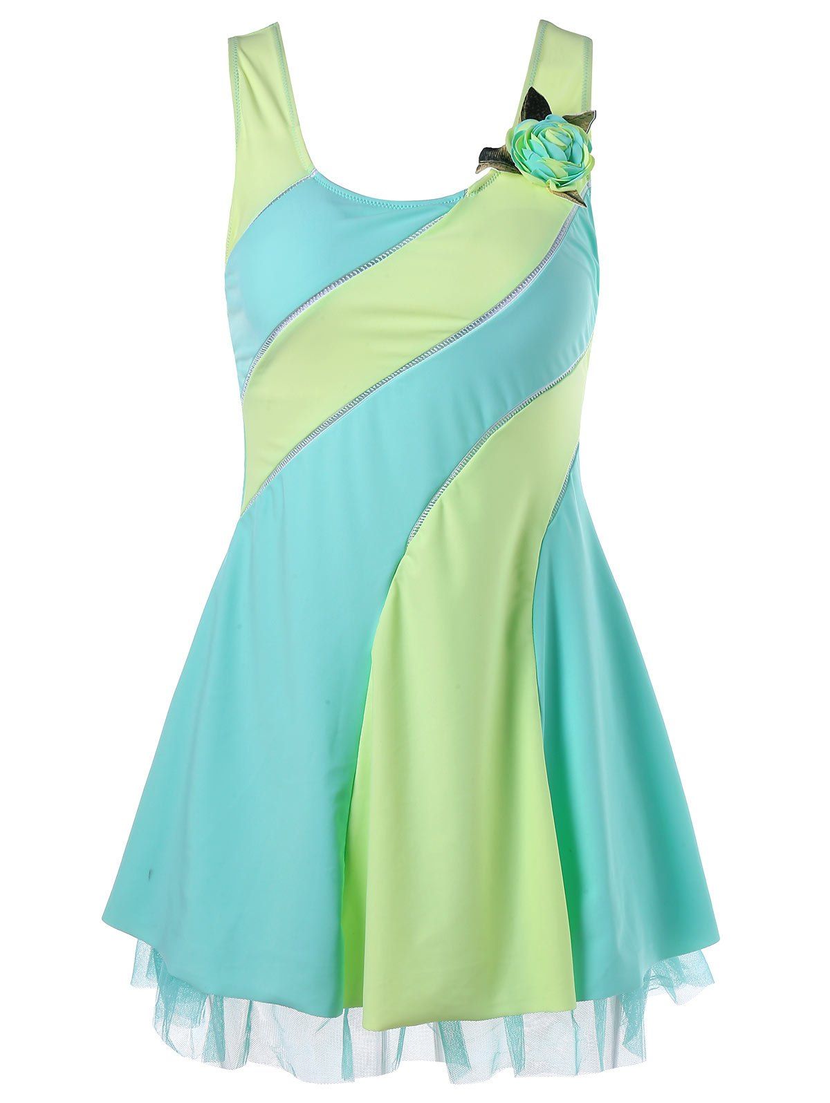 

One Piece Stripe Swimdress with Lace, Light blue
