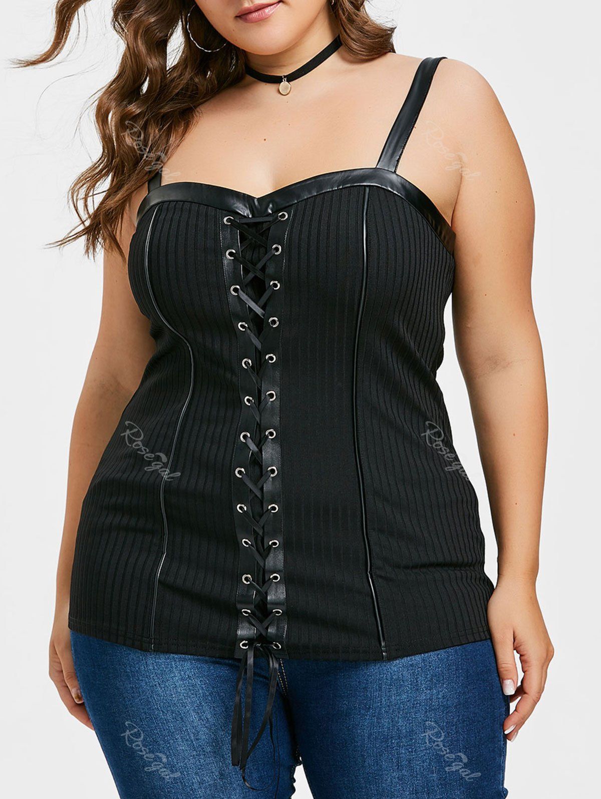 

Plus Size Ribbed Lace Up Tank Top, Black