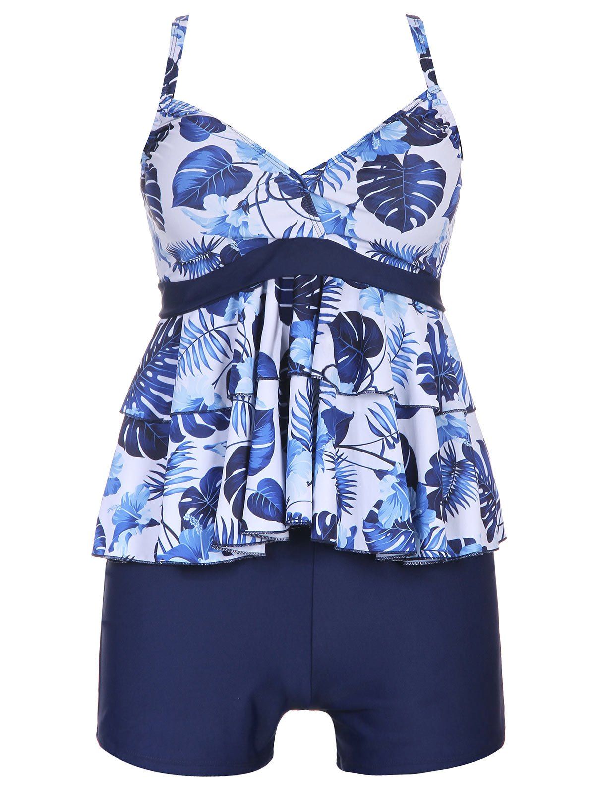 

Flounce Plus Size Leaves Print Tankini, Blue