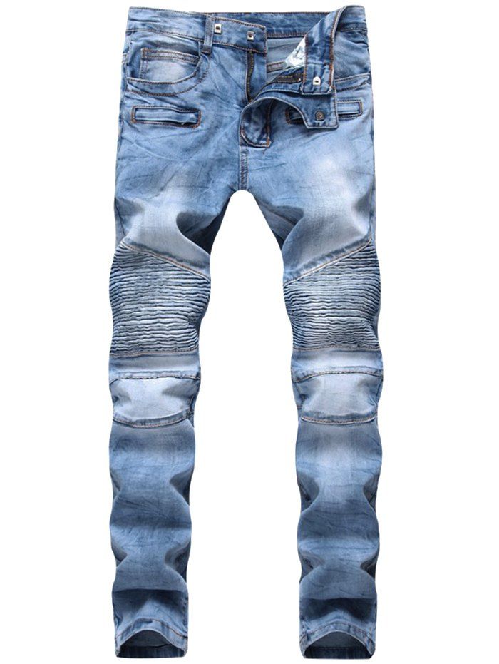 

Pleated Narrow Feet Denim Jeans, Day sky blue