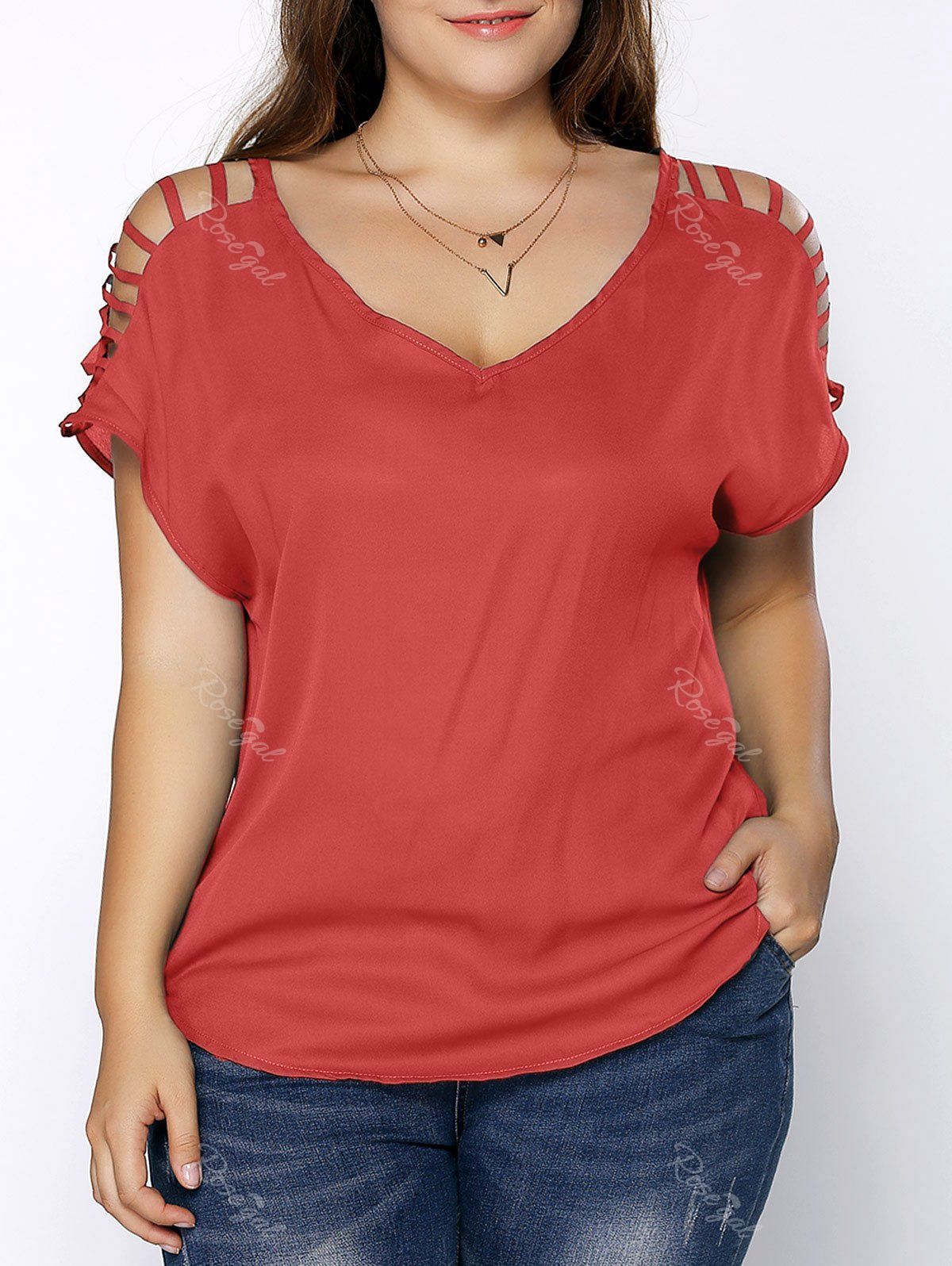 T-shirt Grande Taille Col en V Manches Découpées Pastèque Rouge 3XL