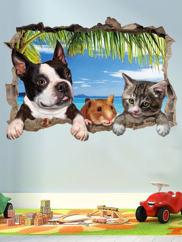 

Cute Pets Pattern 3D Broken Wall Sticker for Bedroom, Multi