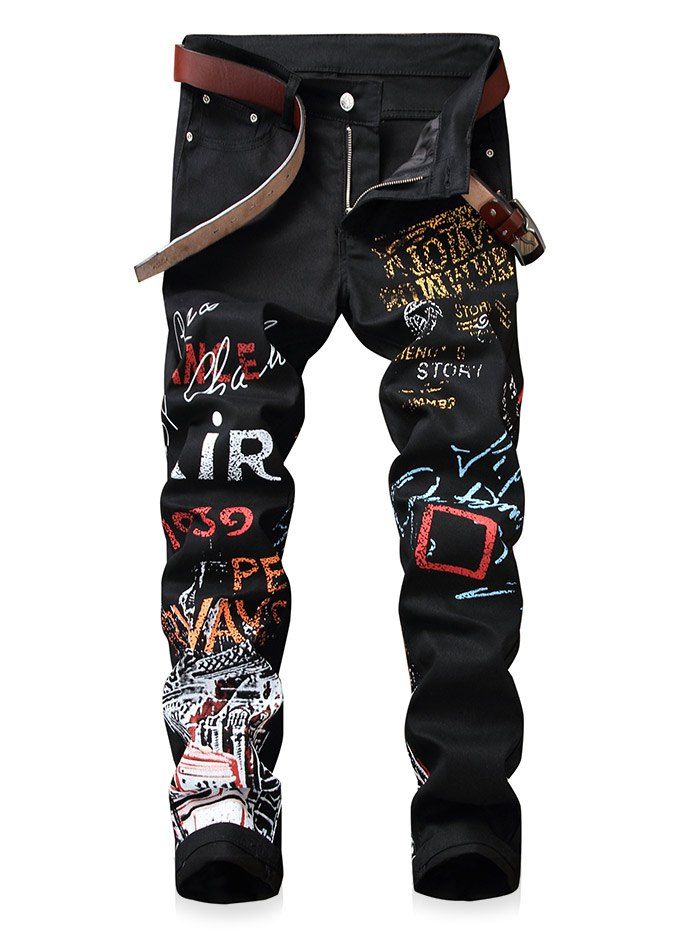 

Slim Fit Letter Geometric Figure Jeans, Black