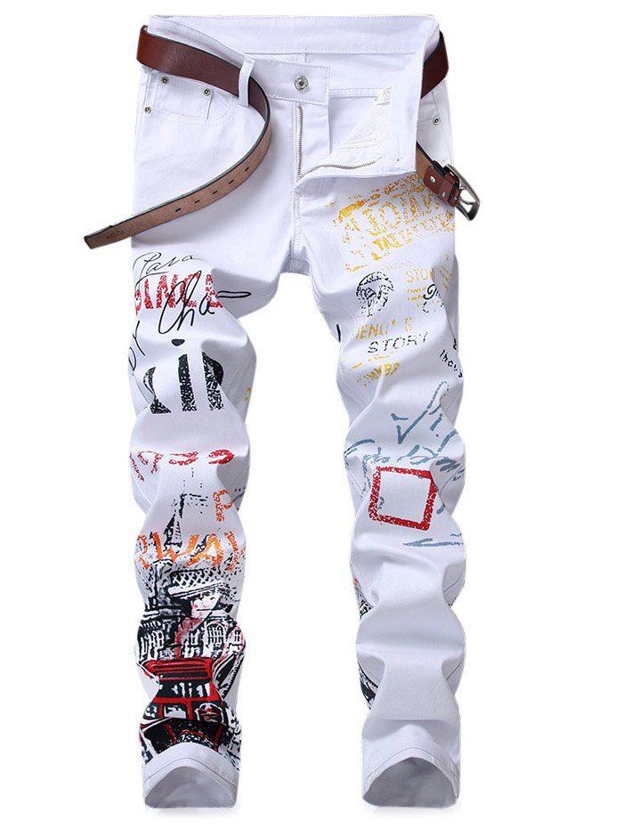 

Slim Fit Letter Geometric Figure Jeans, White