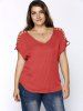 T-shirt Grande Taille Col en V Manches Découpées - Pastèque Rouge 2XL