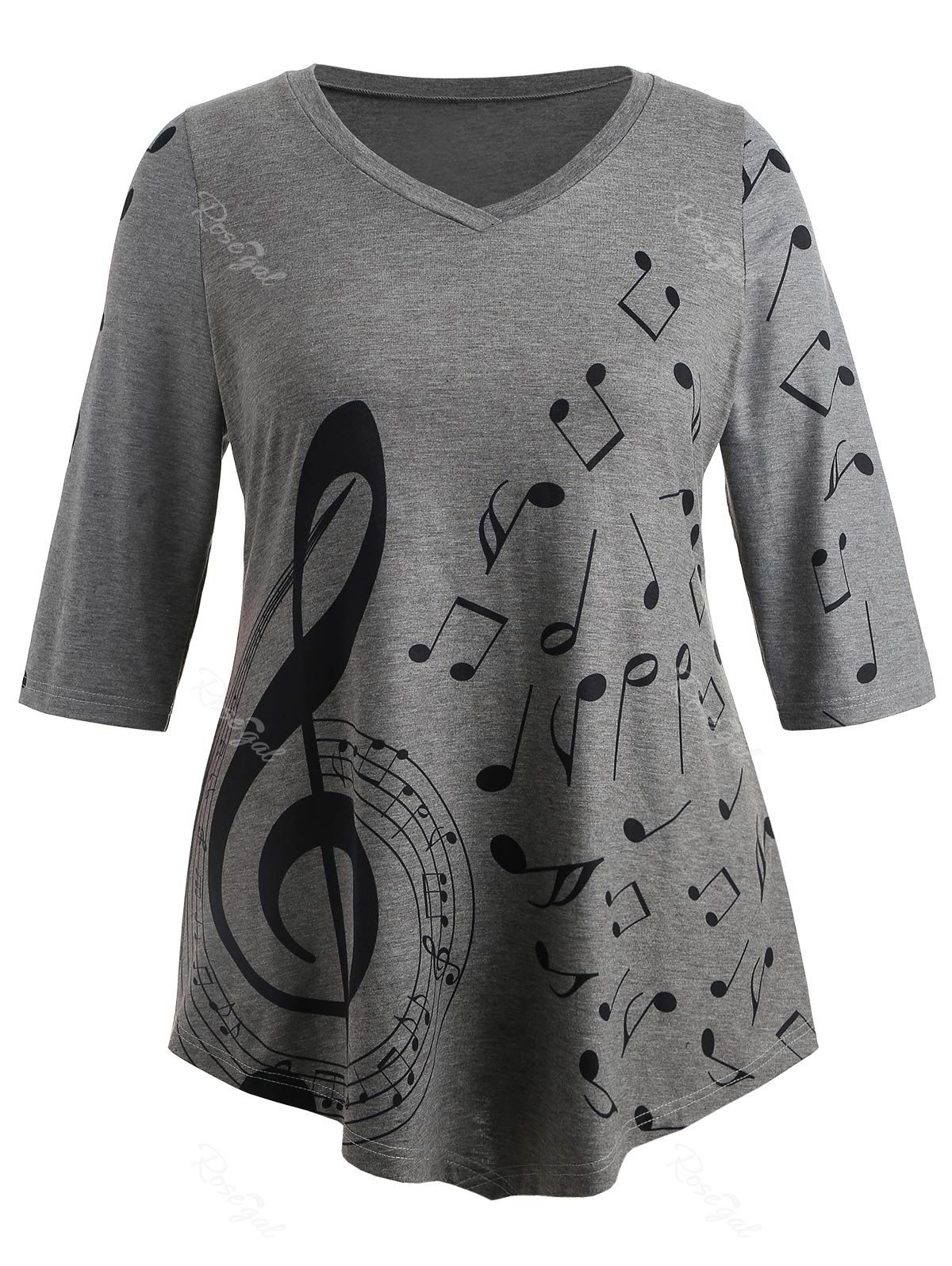 

Three Quater Sleeve Plus Size Musical Notes T-shirt, Gray