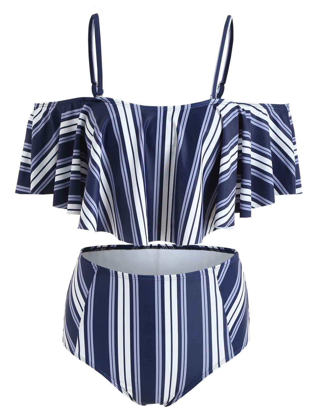 

High Cut Striped Flounce Bikini, Deep blue