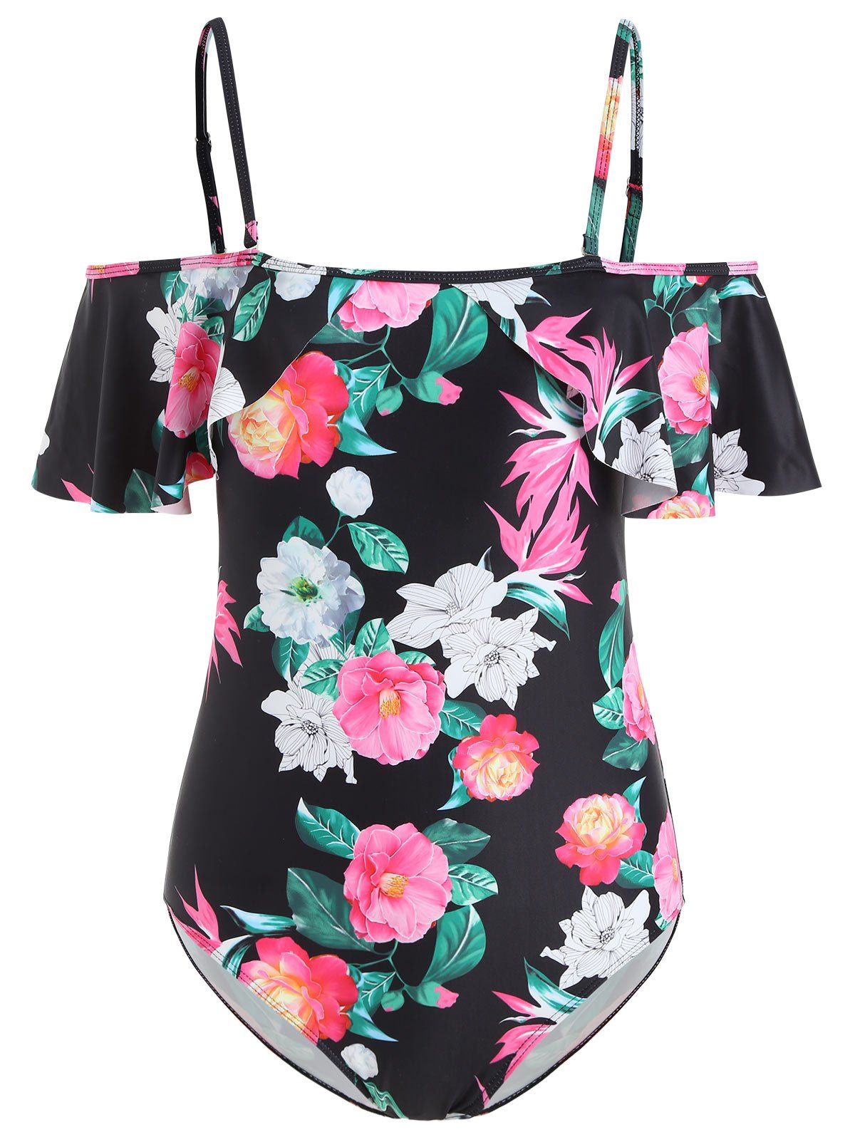 

Flounce Flower Print Cami Strap Swimsuit, Black