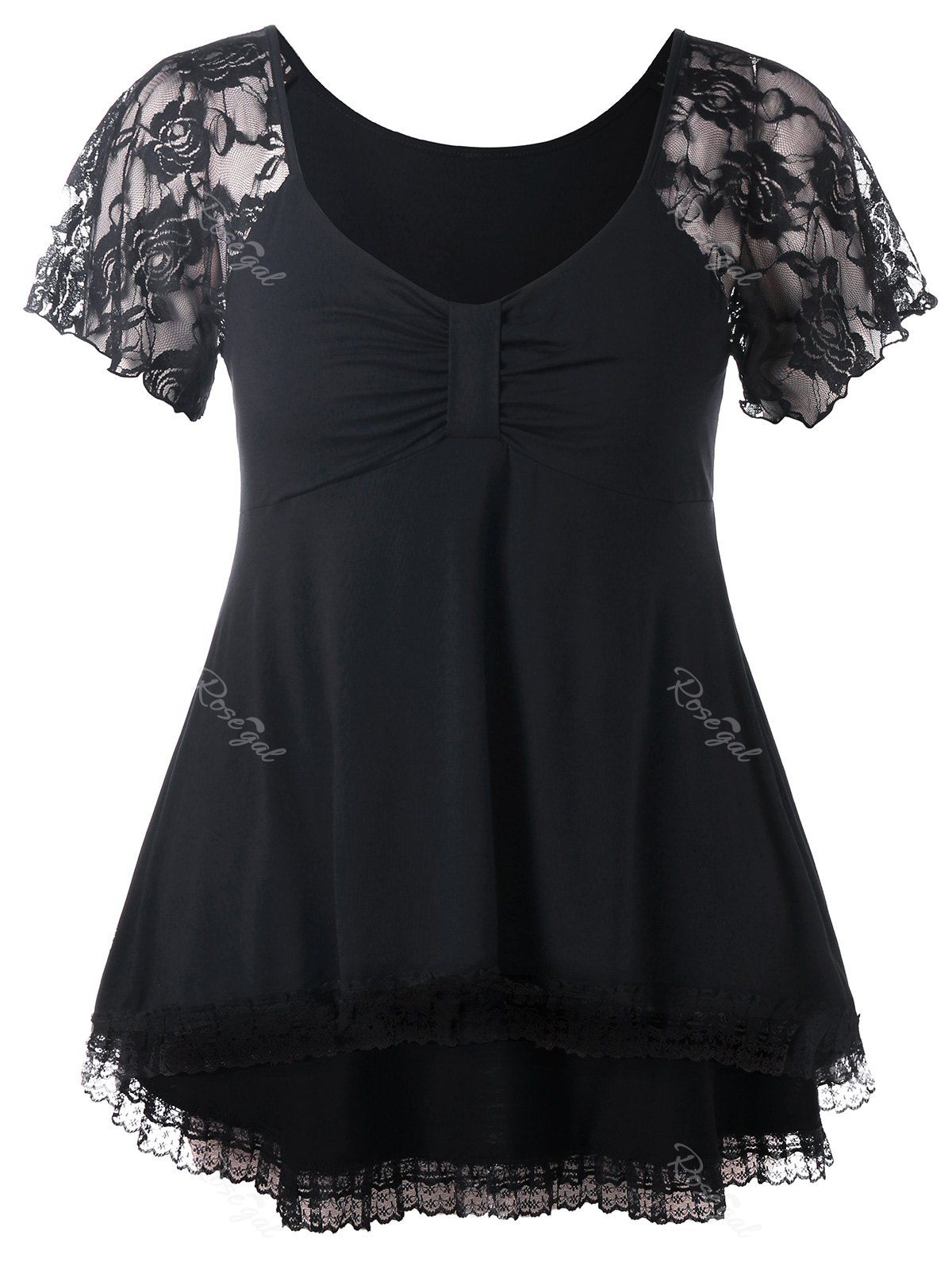 

Plus Size Lace Trim Dip Hem T-shirt, Black