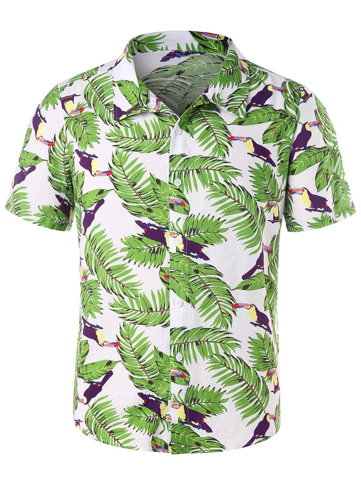 

Short Sleeve Button Up Leaves Print Shirt, Green