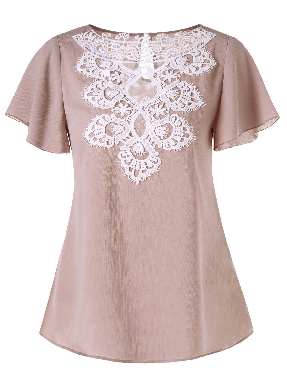 

Lace Appliqued Falbala Short Sleeve Blouse, Pink