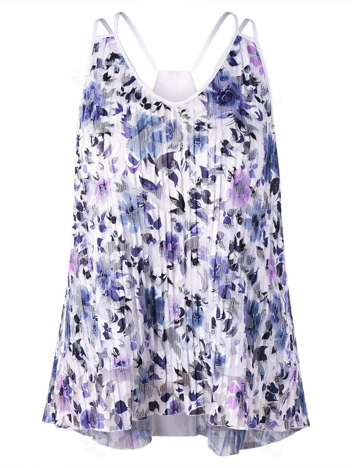 

Plus Size Floral Pleated Strappy Tank Top, White