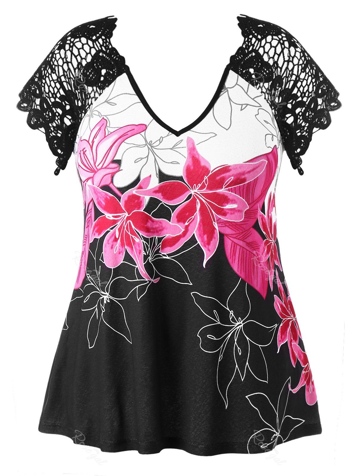 

Plus Size Cut Out Lace Floral T-shirt, Black