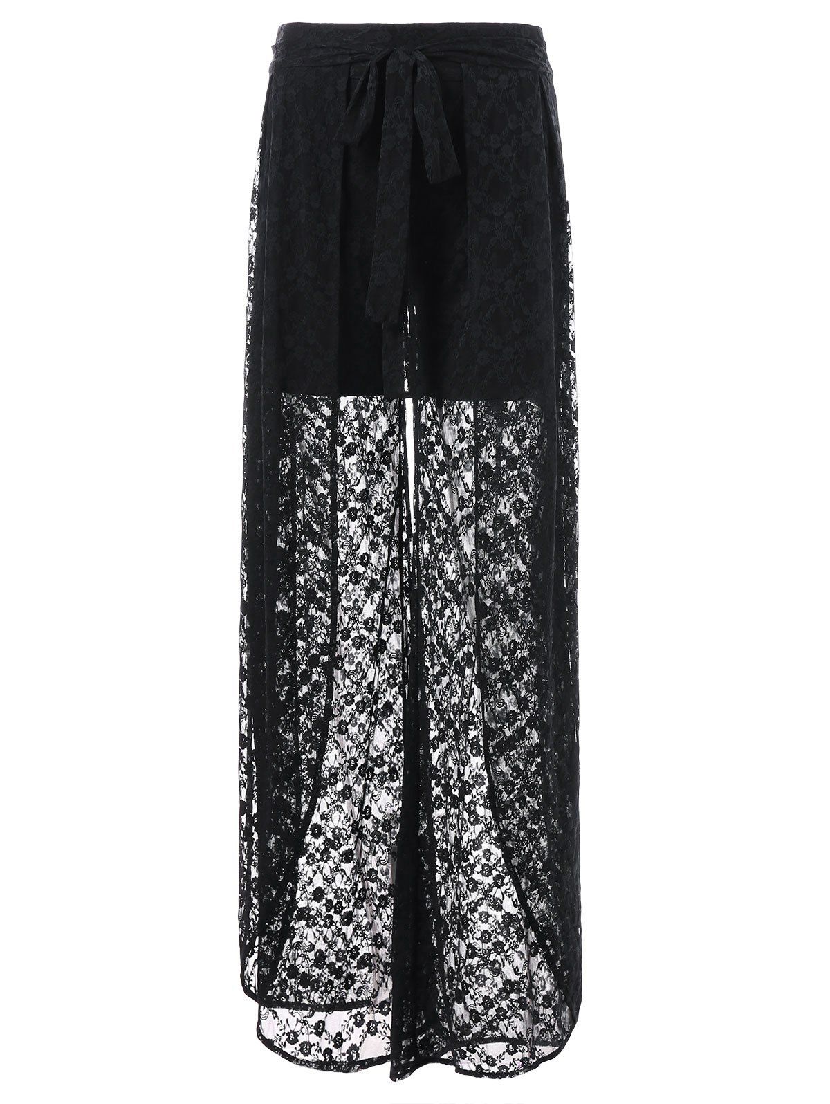 

See Through Lace Overlay Palazzo Pants, Black