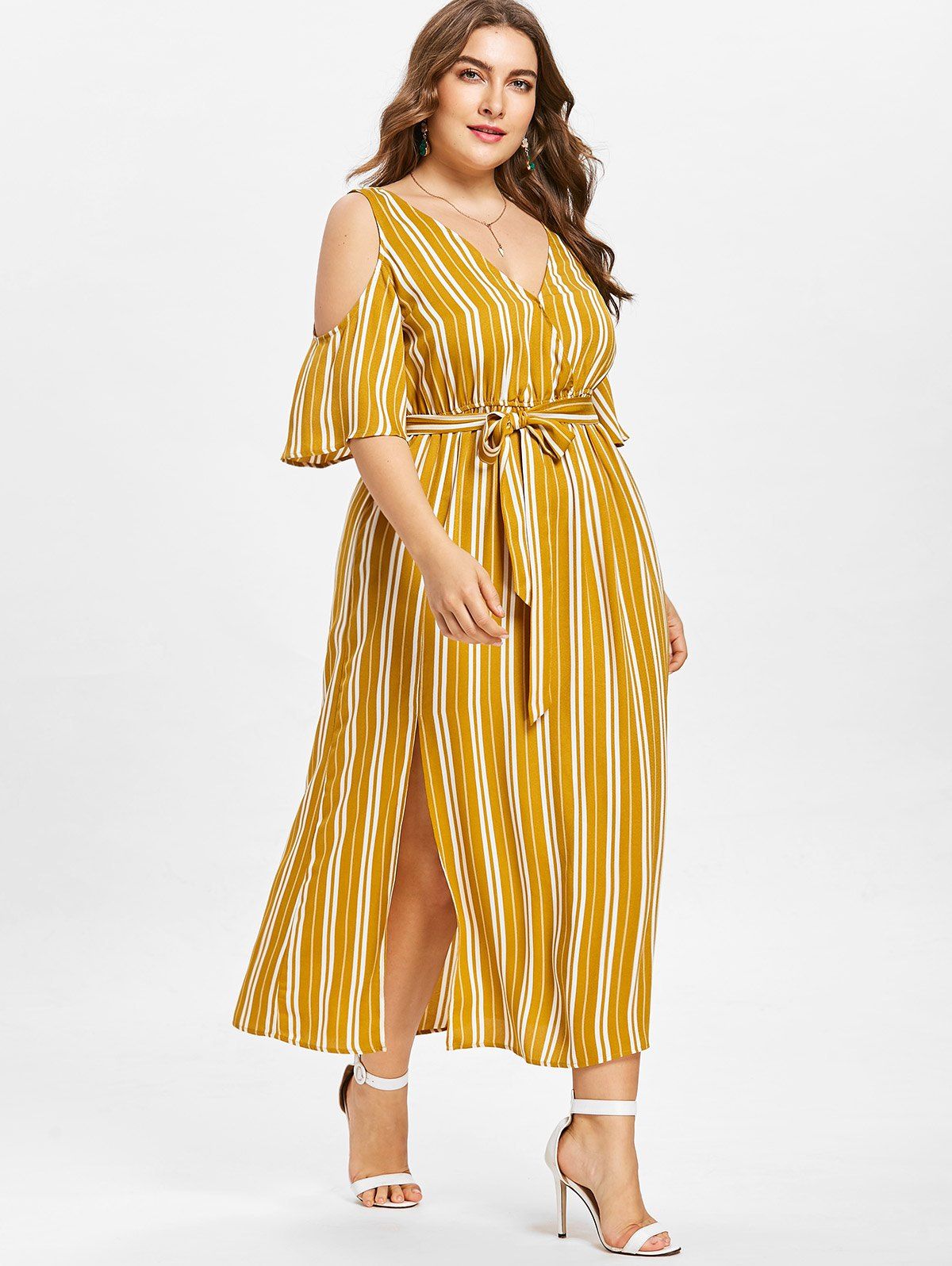 

Plus Size Striped Cold Shoulder Dress, Bee yellow